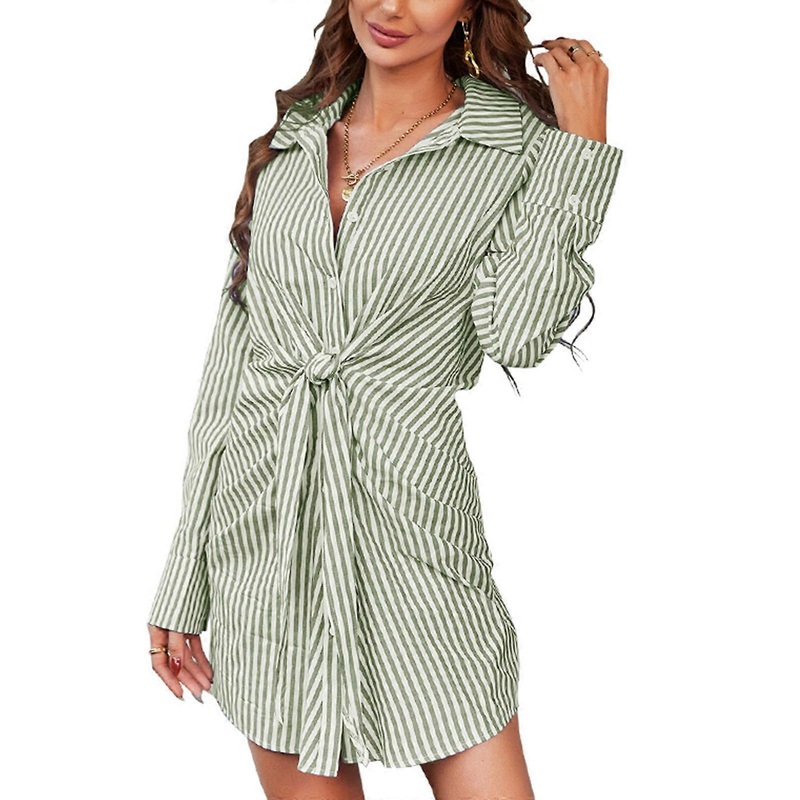 Women Spring Long Sleeve Button Down Shirts Dress Vertical Striped Print Lapel Collar V-Neck Tunic Tops Tie Waist Casual Loose Blouses Streetwear  | Fruugo SG