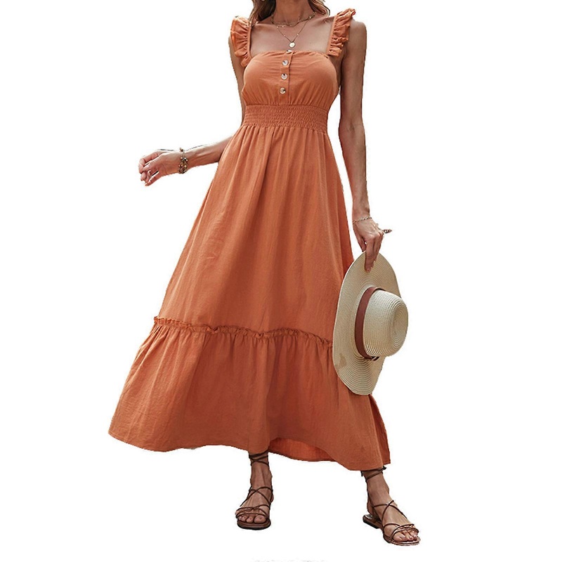 Women Summer Ruffle Spaghetti Strap Maxi Long Flowy Dress Solid Color Buttons Shirred Elastic Waist Pleated Flare Hem Sleeveless Beach Sundress  S | Fruugo SG
