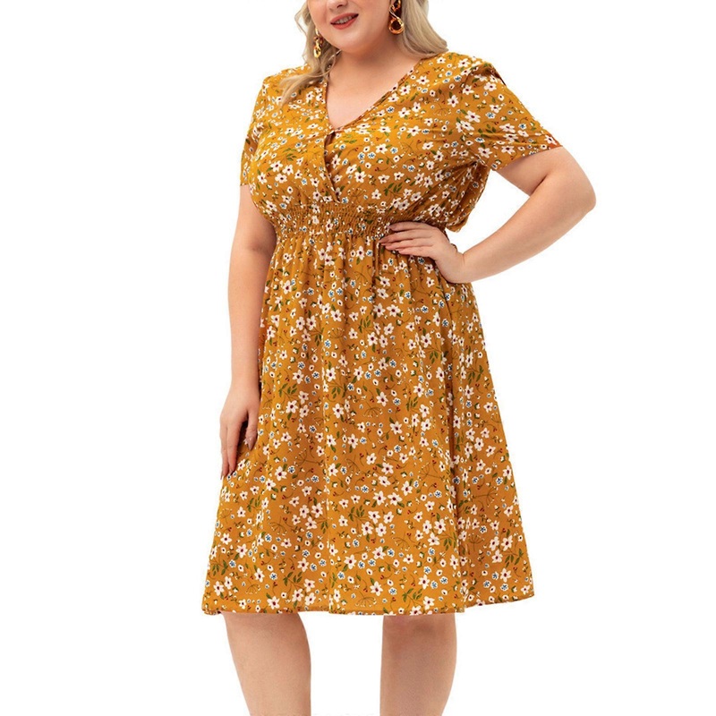 Women V-Neck Short Sleeve Loose Casual Long Midi Dresses High Waist Short Dress Floral Printed Summer Dress Knee Length  Yellow XL | Fruugo SG