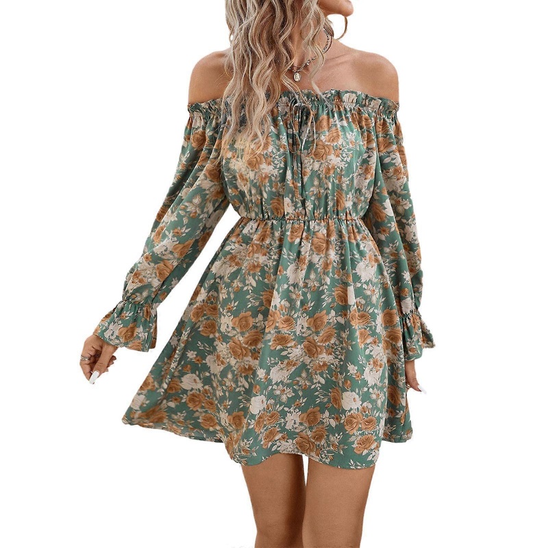 Womens Autumn Off Shoulder Long Sleeve Dress Casual Floral Print Holiday Dress Bohemian Short Dress Party Elegant Dress  Green L | Fruugo SG