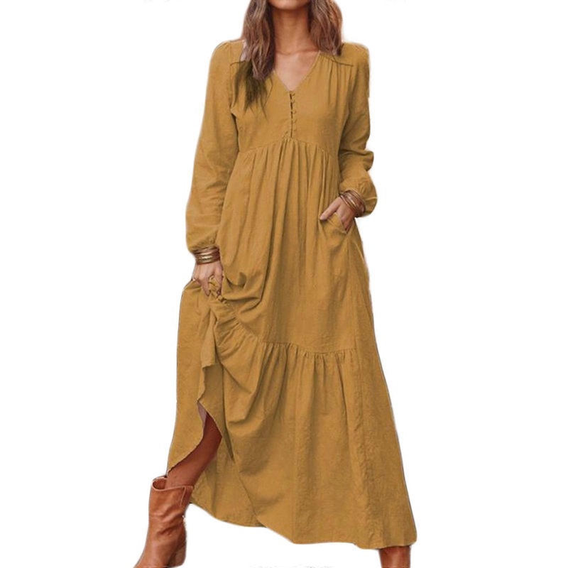 Womens Casual Long Sleeve Fall Dress Vintage Button V Neck Long Dresses Cotton and Linen Flowy Tiered Maxi Dress Gift  yellow brown XL | Fruugo SG