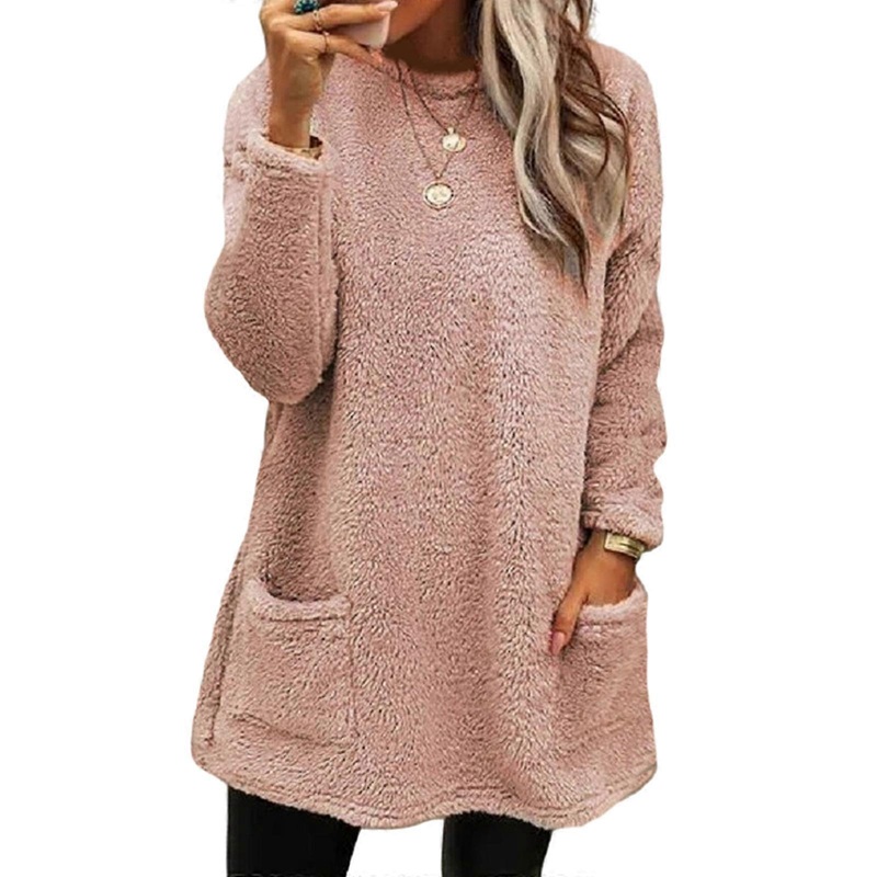Womens Crewneck Fuzzy Sweatshirt Fleece Sherpas Pullover Long Sleeve Casual Furry Winter Warm Coat Tops with Pockets  Pink XXL | Fruugo SG