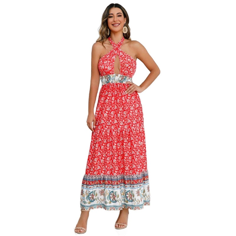 Womens Crisscross Halter Tie Backless Shirred Flowy Long Dress Boho Floral Print Pleated Ruffle Hem A-Line Swing Dresses  Red S | Fruugo SG