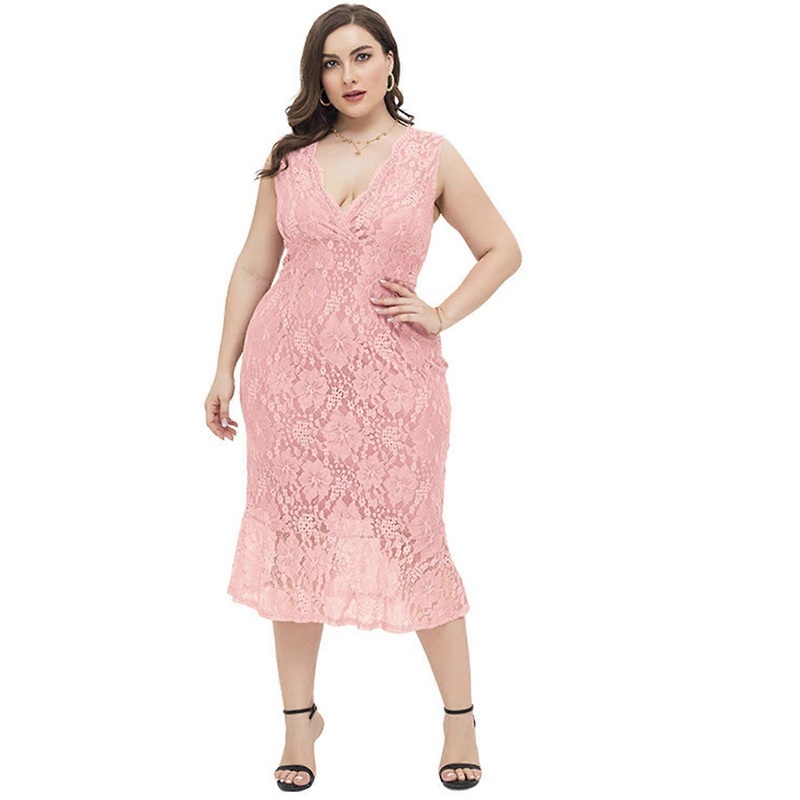Womens Plus Size Sleeveless Sexy V Neck Bridesmaid Cocktail Party Midi Dress Solid Color Flared Swing Floral Lace Gown  Pink XL | Fruugo SG