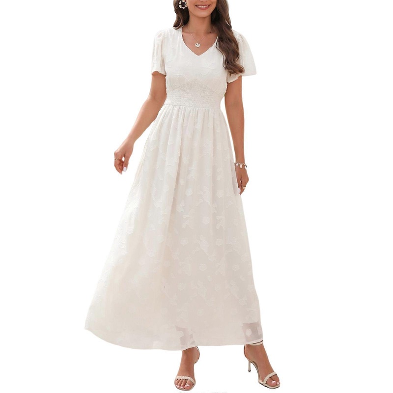 Womens Ruffle Short Sleeve V-Neck Floral Jacquard Flowy Long Dress Elastic High Waist Pleated A-Line Holiday Dresses  White XL | Fruugo SG