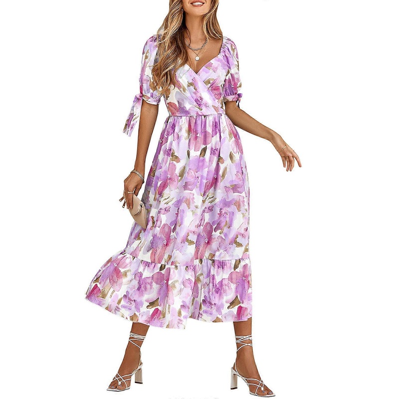 Womens Self-Tie Puff Half Sleeve Wrap V-Neck Ruffle Hem Midi Long Dress Bohemian Floral Print High Waist A-Line Dresses  Purple XL | Fruugo SG