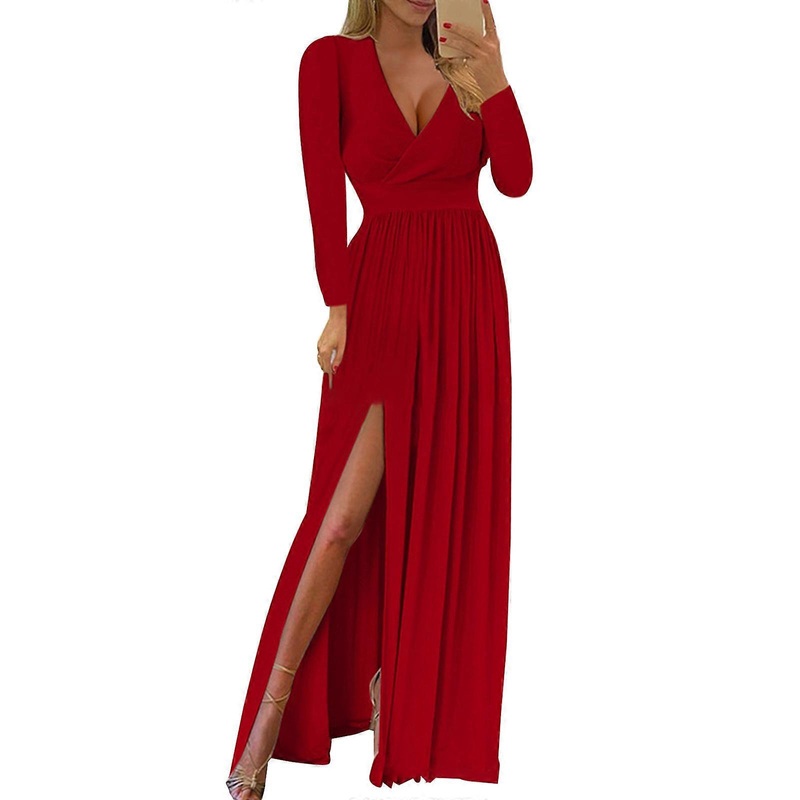 Womens Sexy Long Sleeve High Split Maxi Dress Wrap Deep V-Neck Solid Color Pleated Swing Dresses Cocktail Evening Gown  Red XL | Fruugo SG