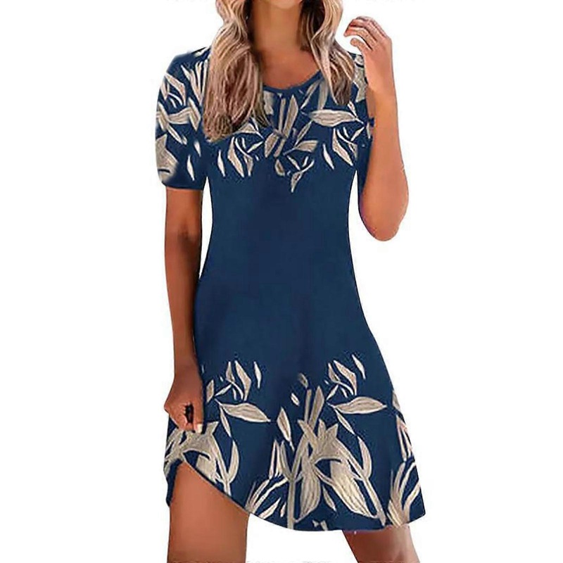 Womens Short Sleeve Dress Beach Casual T Shirt Floral Print Round Neck Summer A-Line Dresses  Blue M | Fruugo SG