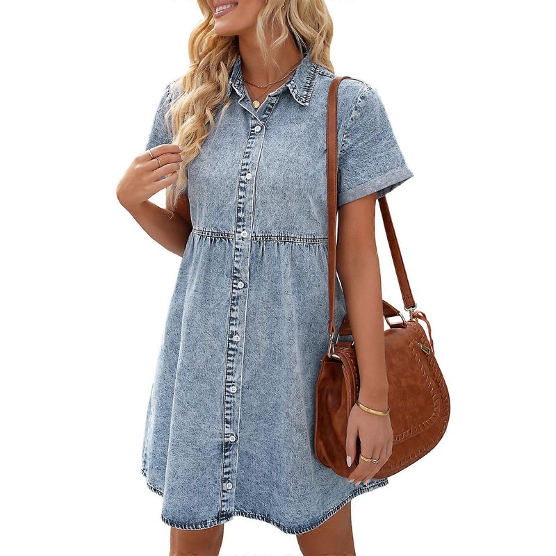 Womens Short Sleeve V-Neck Button Down Jean Dress Casual Blouses Tops with Pocket Turn Down Collar A-line Dress  sea blue XL | Fruugo SG