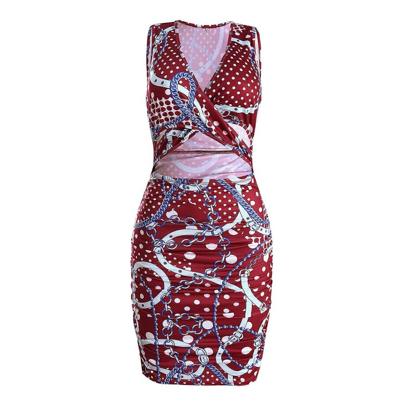 Womens Sleeveless for Cross V Neck Elegant Party Short Mini Dress Dots Printed Pleated Bodycon Cocktail Prom Party Sundr  Burgundy XL | Fruugo SG