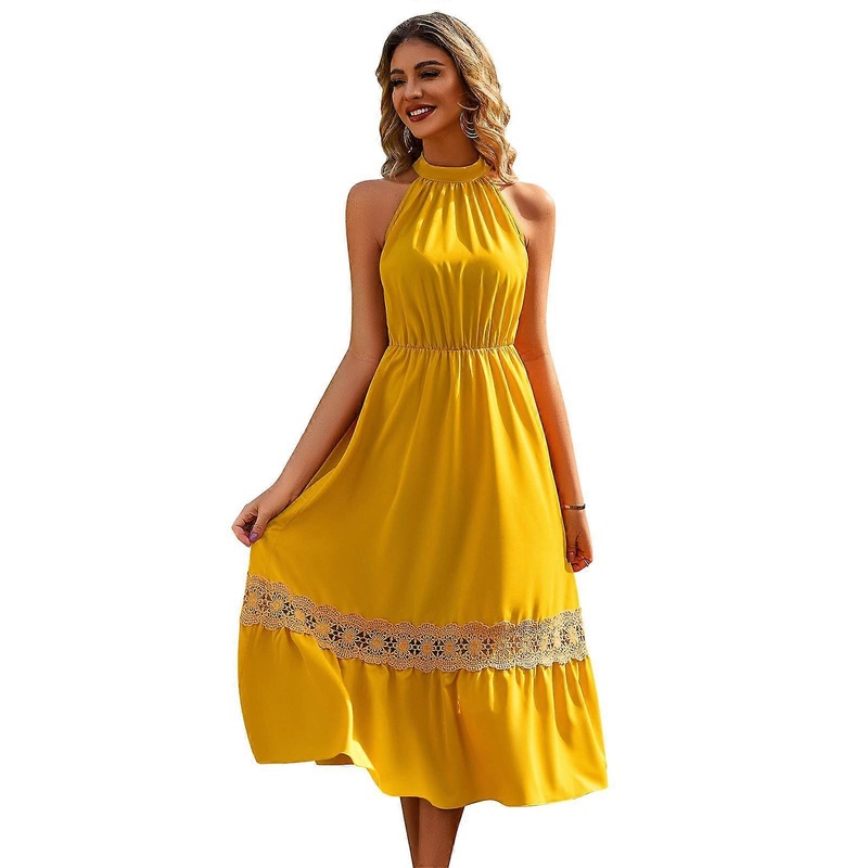 Womens Sleeveless Halter Neck Summer Dress Casual Sundress Elegant Sleeveless A-line Maxi Dress for Womens  Yellow S | Fruugo SG