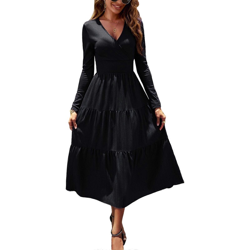 Womens Solid Color Dress Long Sleeves V-Neck Flowy Long Dress A-Line High Waist Elegent Dress Tunics Dress Smocked Dress  Black M | Fruugo SG