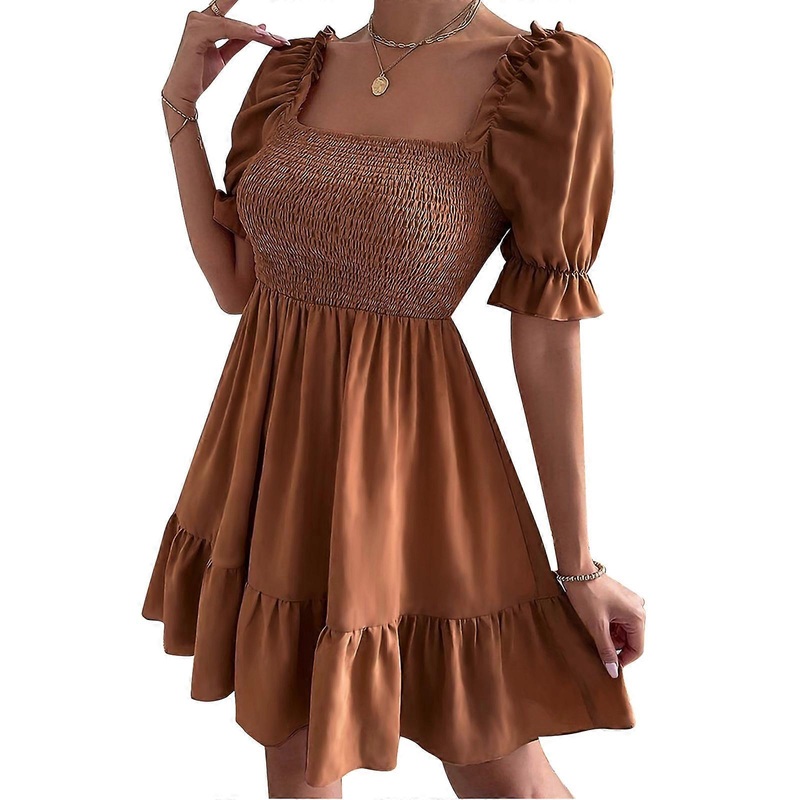 Womens Summer Casual Dress Solid Square Neck Puff Short Sleeve Ruffle Flare Hem Short Dress  Camel M | Fruugo SG