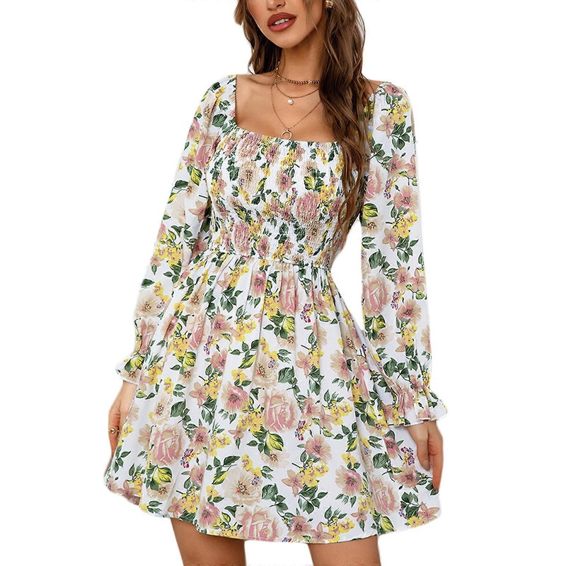 Womens Summer Casual Long Sleeve A-line Dress Square Neck Smocked Dress Bohemian Floral Print Flowy Mini Dress Gift  White S | Fruugo SG