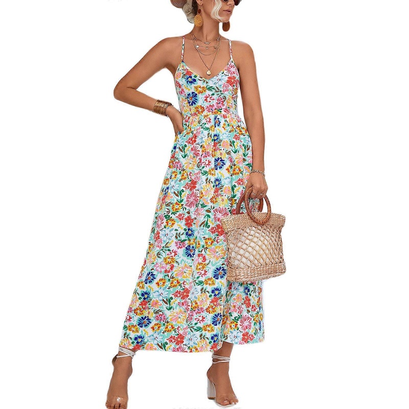Womens Summer Floral Printed V-Neck Crisscross Tied Backless Long Cami Dress High Waist Thigh Split Flowy A-Line Dresses  White XL | Fruugo SG