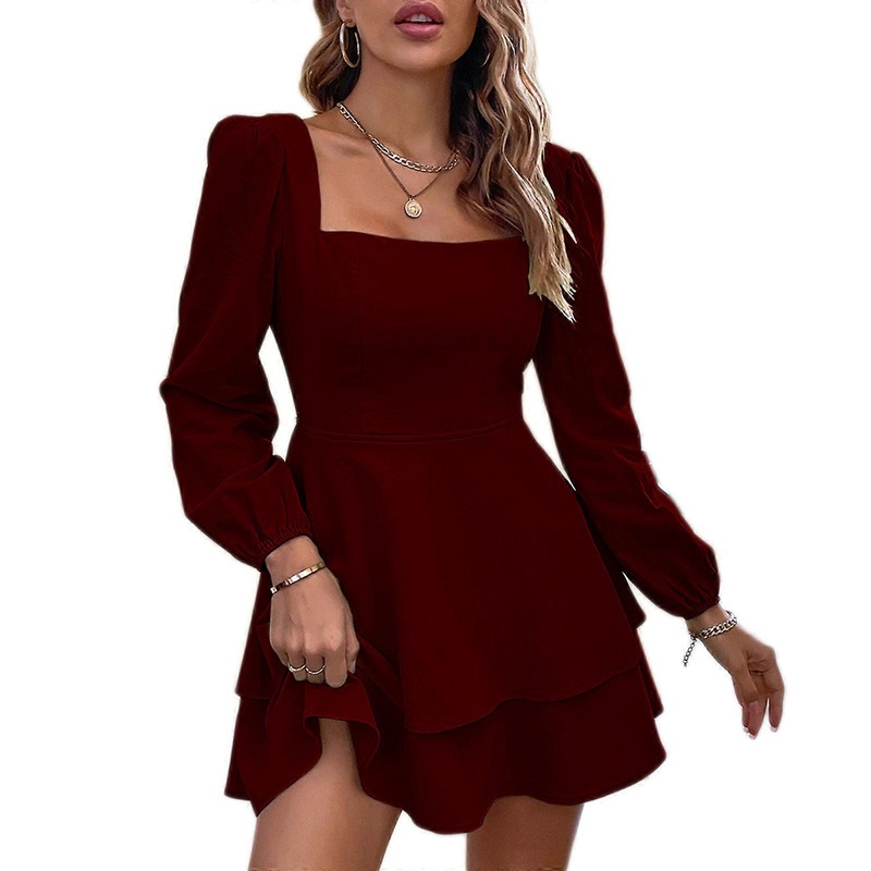 Womens Tie Backless Square Neck Long Sleeve Casual Dresses Ruffle Hem Elastic Waist A-Line Sundresses Tiered Mini Dress  Burgundy S | Fruugo SG