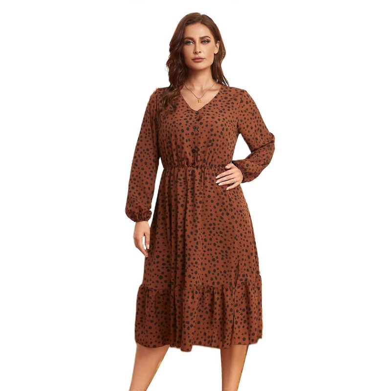 Womens V Neck Buttons Side Split Midi Dress Puff Long Sleeve High Waist Vintage Dots Printed A-Line Sundress XL-4XL  brown XL | Fruugo SG