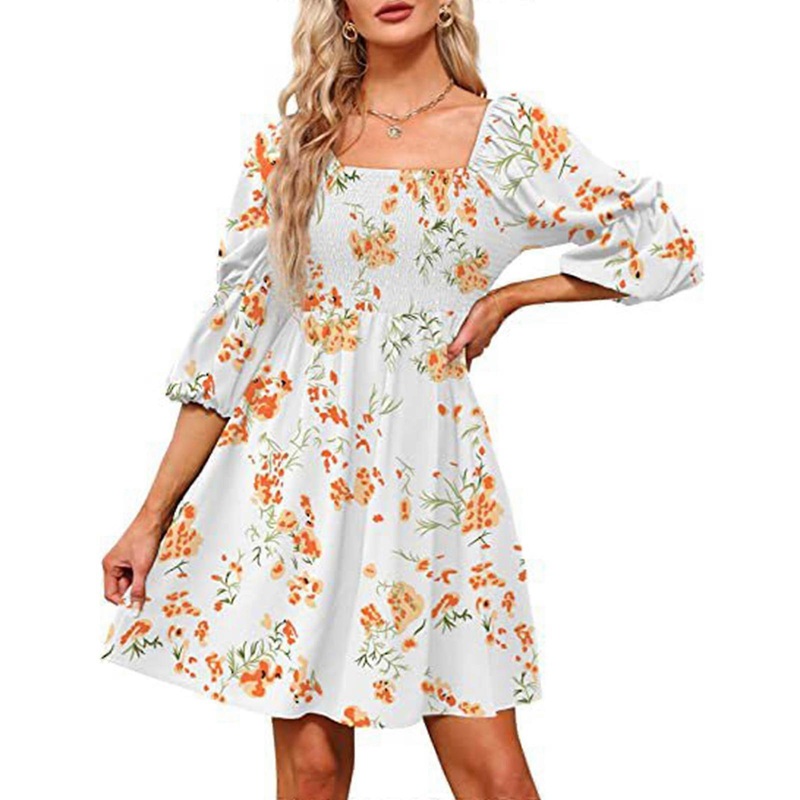 Womens Vintage Square Neck Smocked Short Dress 3/4 Puff Sleeve Solid Color Floral Pleated Ruffle Swing A-Line Dresses  white flowers S | Fruugo SG