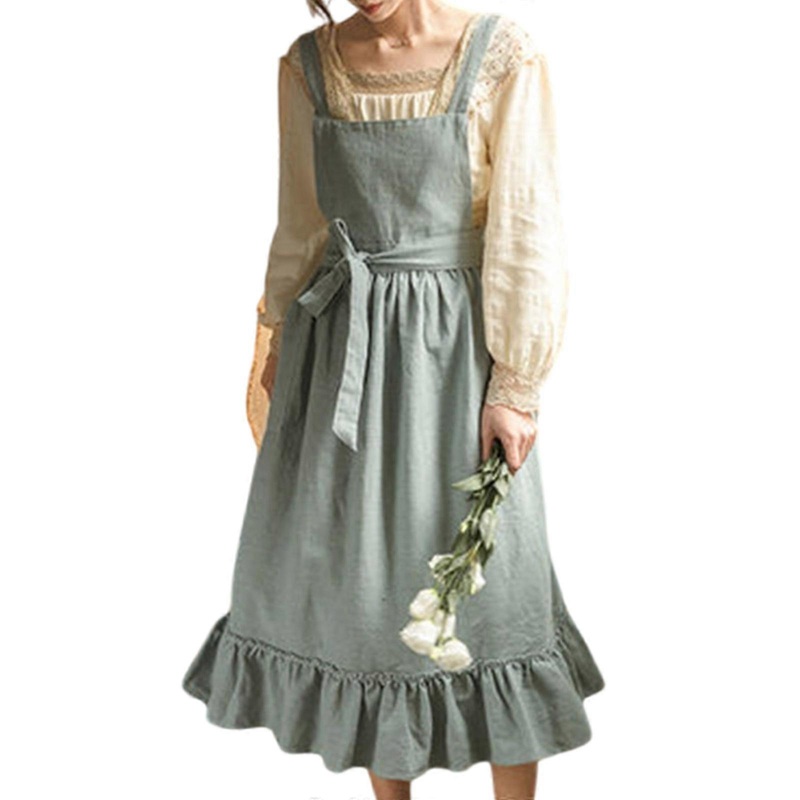 Classical Cotton Linen Ruffle Apron for Kitchen Gardening Craft Activity Vintage Adjustable Pinafore Dress with Pockets  Blue Washed cotton thick  | Fruugo SG