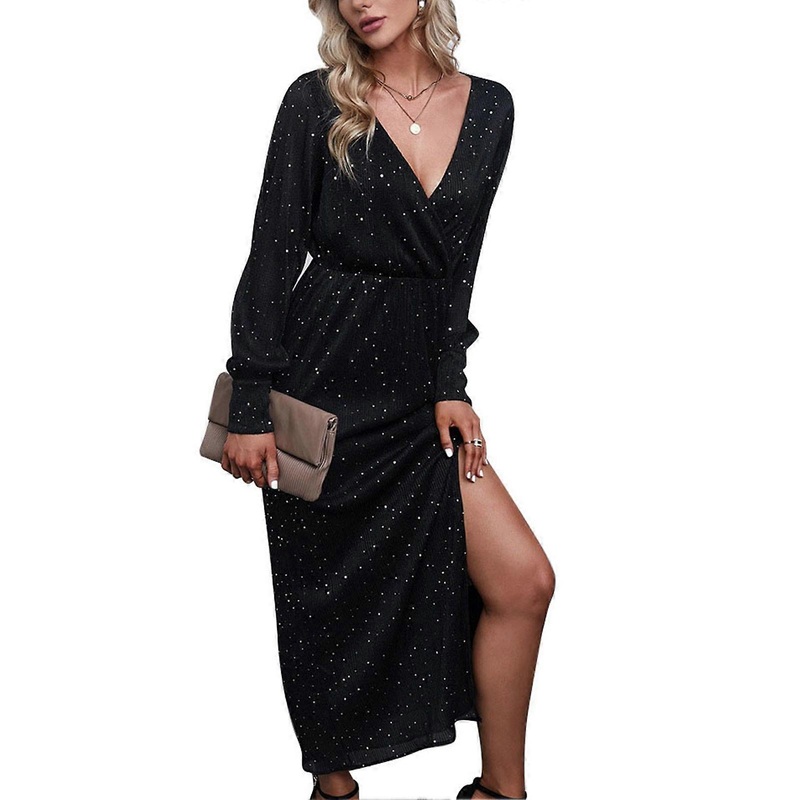 Dress V Neck Long Sleeve Pure Color Bodycon Elastic Waist Ankle Length Dress for Lady Black M | Fruugo SG