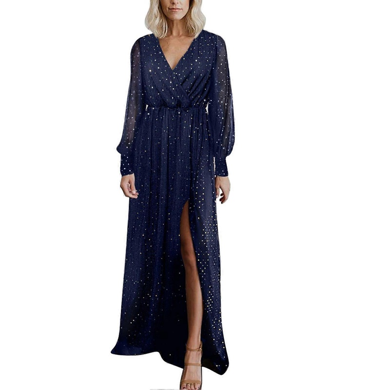 Dress V Neck Long Sleeve Pure Color Bodycon Elastic Waist Ankle Length Dress for Lady Dark Blue M | Fruugo SG