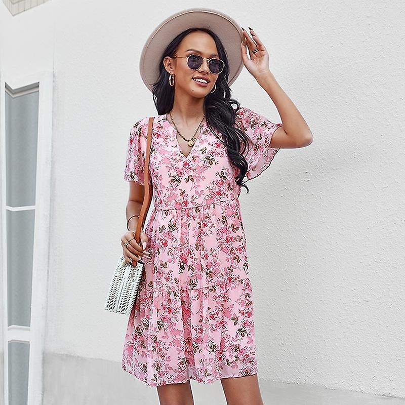 Floral Dress Women Spring Autumn V Neck Short Sleeve Loose Chic Printed S-xl | Fruugo SG