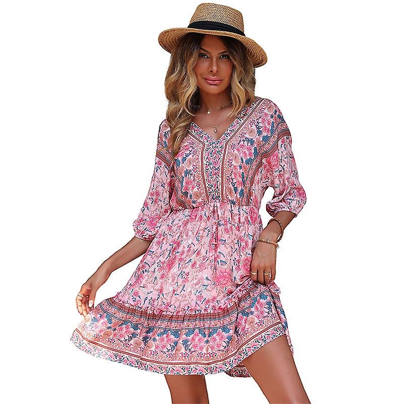 New Summer Dresses Holiday Style Women’s Printed Vintage Loose Pink Dress | Fruugo SG