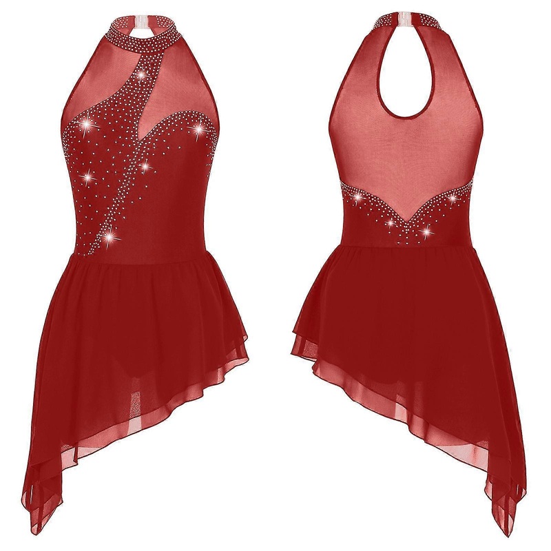 Otwoo Womens Figure Ice Skating Costume Dress Shiny Rhinestone Sheer Mesh Patchwork Dresses Roller Skating Leotard Ballet Dance Dressburgundy | Fruugo SG