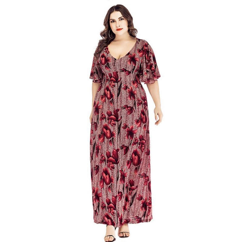 Sexy V-Neck Women Maxi Dress Flutter Half Sleeve Loose Flowy Vintage Floral Printed Empire High Waist Beach Long Gown  5XL Dark red | Fruugo SG