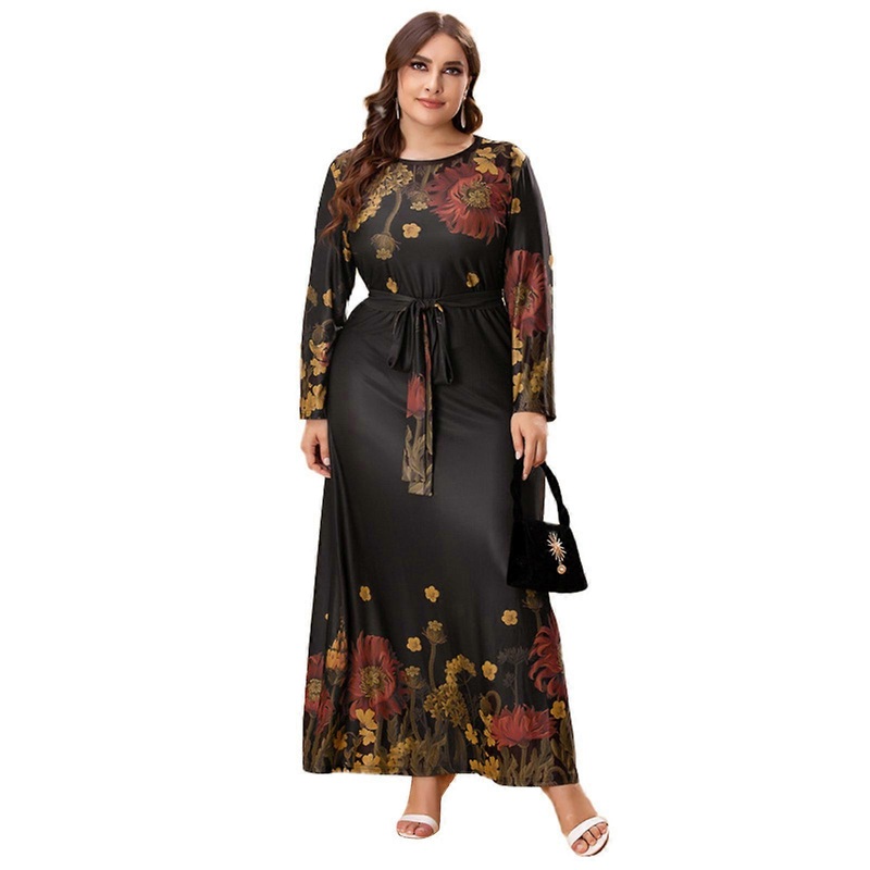 Stylish Women’s Floral Print Dress with Belt Plus Size Summer Dress Elegant Long Sleeves Party Dress Casual Beach Dress  XL Black | Fruugo SG