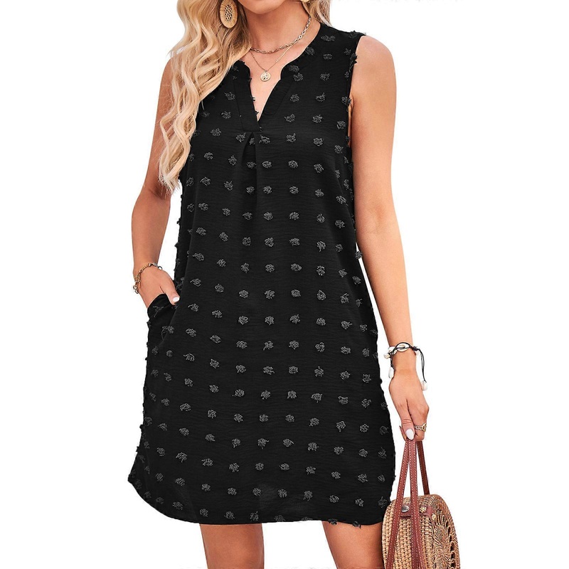 Summer Dresses for Women Beach Swiss-Polka Dot Tshirt Sundress Beach Cover-up-Sleeveless Pockets Casual Loose Tank Dress  Black S | Fruugo SG