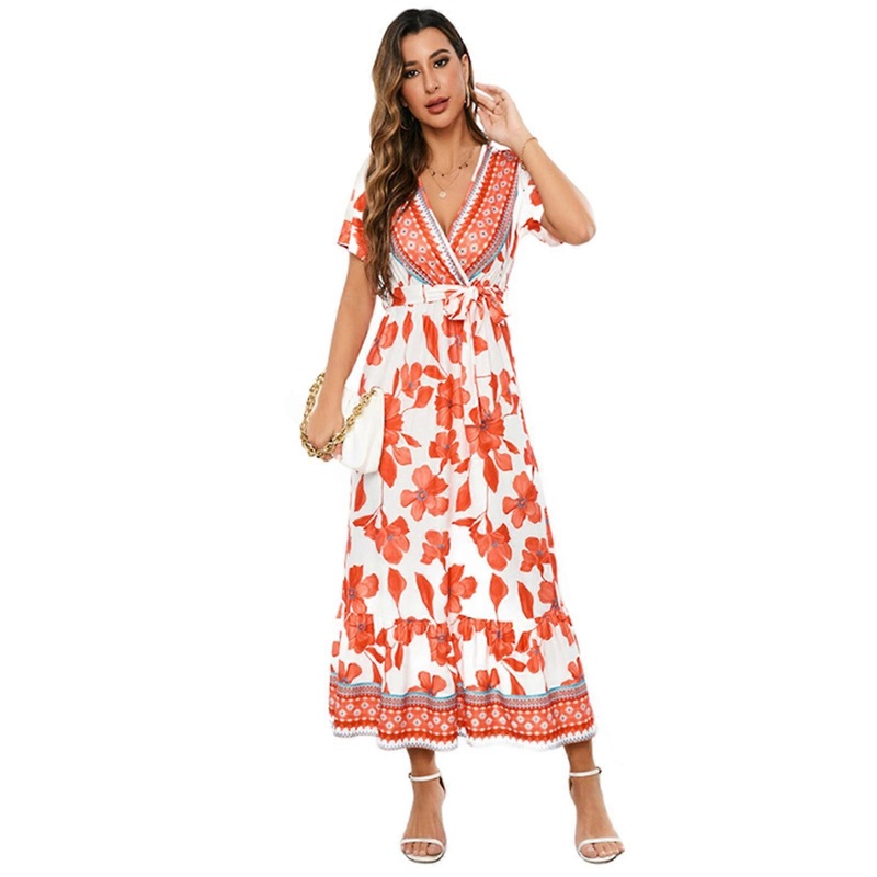 Summer Tie Waist Swing Long Dress for Women Short Sleeve Boho Floral Print Wrap V-Neck Ruffle Hem Beach Vacation Dresses  Red XL | Fruugo SG