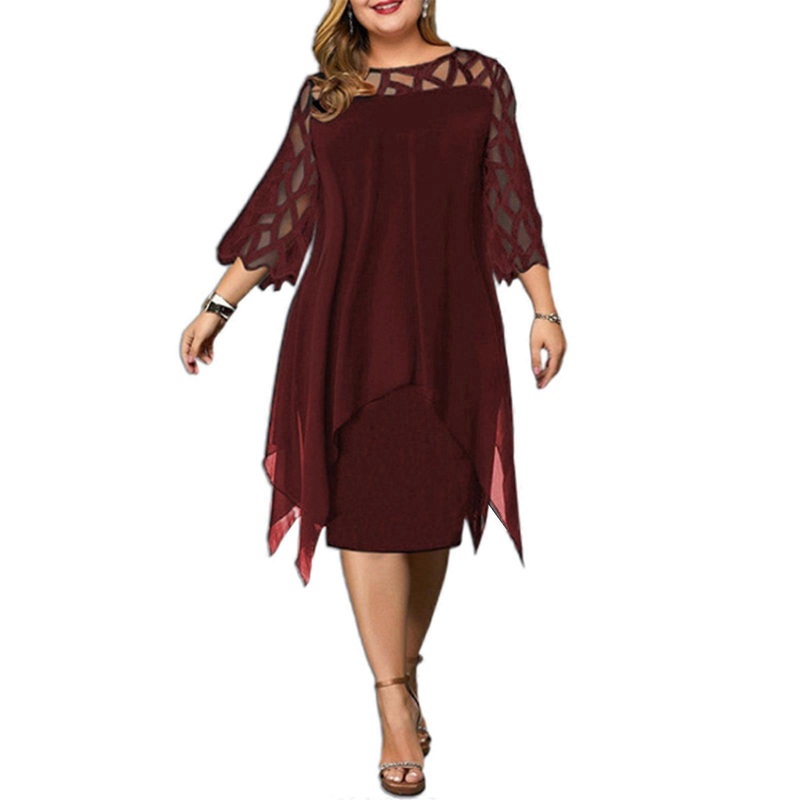 Temperament Plus Size Midi Dress Lace Mesh Sexy Elegant Party Long Dress Women Summer for Vacation Dating Travel Daily  Burgundy 5XL | Fruugo SG