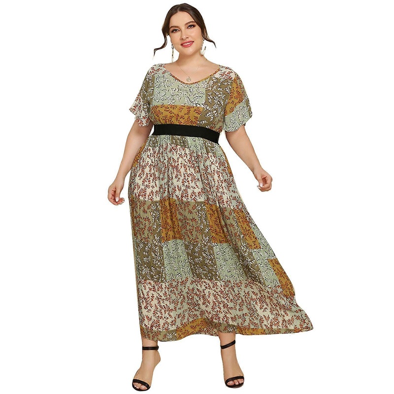 V-Neck Women Maxi Dress Ruffles Short Sleeve Empire Elastic Waist Flowy Vintage Colorblock Floral Print Casual Sundress  Green XXXL | Fruugo SG