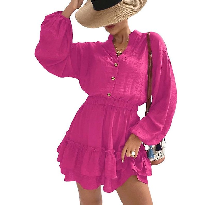 Women Casual Autumn Fall Dresses Tie V Neck Long Sleeve High Waist Ruffle Tiered A Line Swing Tunic Mini Dress | Fruugo SG