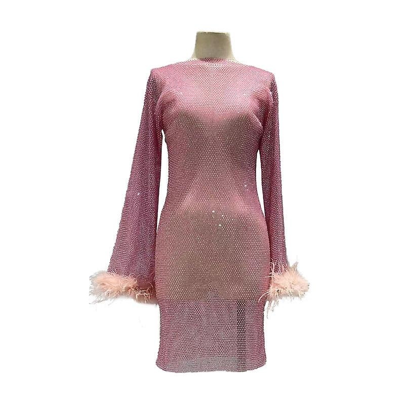 Women Dress Classic See-through Hollow Mesh Ostrich Feather Slim Bottoming Shirt Full Diamond | Fruugo SG