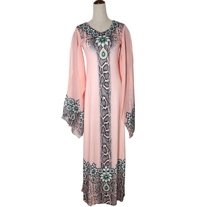 Women Flare Long Sleeve African Maxi Dress Snakeskin Floral V-Neck Abaya Robe  Pink L | Fruugo SG