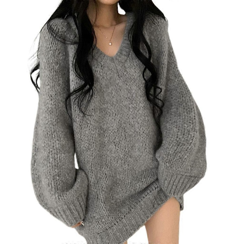 Women Knit Puff Long Sleeve Sweater Dress Sexy V-Neck Solid Oversized Tunic Tops  White M | Fruugo SG