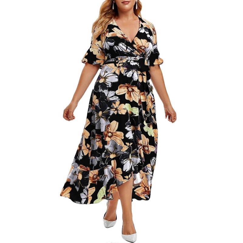 Women Plus Size Flare Half Sleeve Sexy V-Neck Midi Long Swing Dress Boho Floral Belted Split Asymmetric Ruffles Sundress  XL Black | Fruugo SG