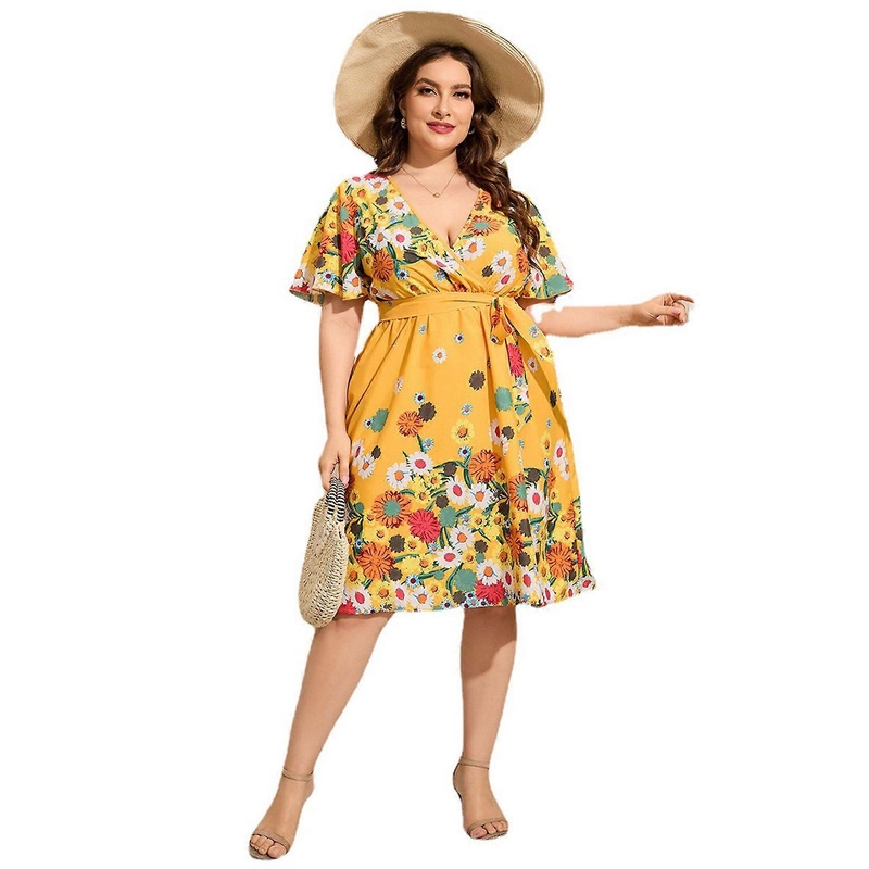 Women Plus Size Flare Short Sleeve Sexy V-Neck Midi Long Swing Dress Boho Daisy Floral Print Tie Waist A-Line Sundress  Yellow XL | Fruugo SG