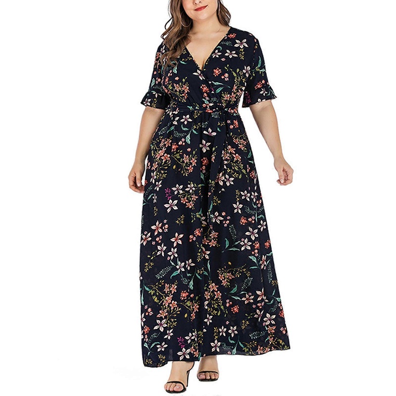 Women Plus Size Flared Half Sleeve Sexy Wrap V-Neck Maxi Long Swing Dress Boho Floral Printed Belted High Waist A-Line Flowy Beach Sundress  5XL | Fruugo SG