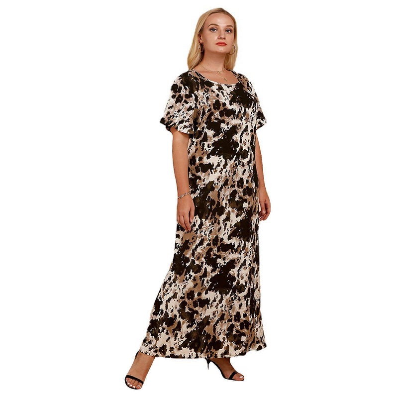 Women Plus Size Flutter Short Sleeve Round Neck Maxi Swing Dress Contrast Color Ink Printed Casual Loose Flared Sundress  Light brown XL | Fruugo SG