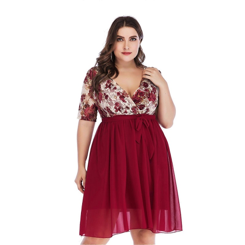 Women Plus Size Summer Short Sleeve Sexy Wrap V-Neck Floral Print Lace Splicing Midi Long Swing Dress Tie Waist Chiffon Pleated Flowy Hem Sundress | Fruugo SG