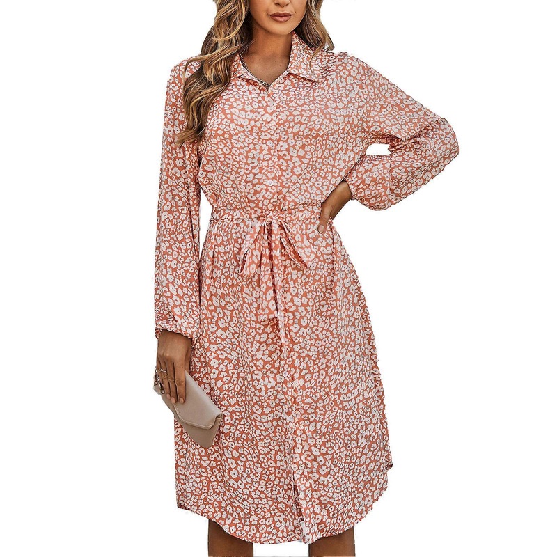 Women’s Floral Dress Fashion Cardigan Loose Comfortable Single Breasted Floral Print Long Sleeve Dress with Belt Orange M_-sy_-sy | Fruugo SG