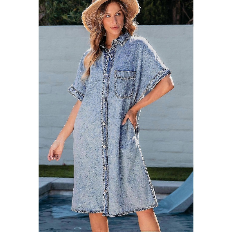 Women’s Light Blue Loose Medium Wash Short Sleeve Shirt Chambray Dress 0619 | Fruugo SG