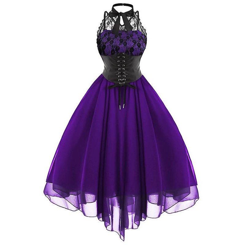 Women’s Sleeveless Gothic Lace Dress With Corset Halter Lace Swing Cocktail Dress Purple | Fruugo SG