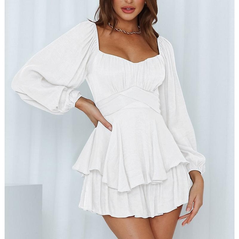Women’s Summer Deep Round Neck Romper Long Baggy Sleeves Double Layer Ruffle Hem Short Jumpsuits With Belt | Fruugo SG