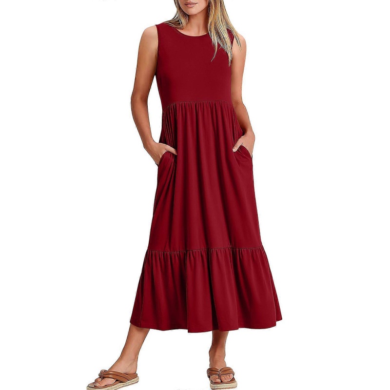 Women Summer Crew-Neck Dress Flowy-Hem Solid Color Sleeveless Long Dresses Casual Daily Outfits for Office School  Burgundy XL | Fruugo SG