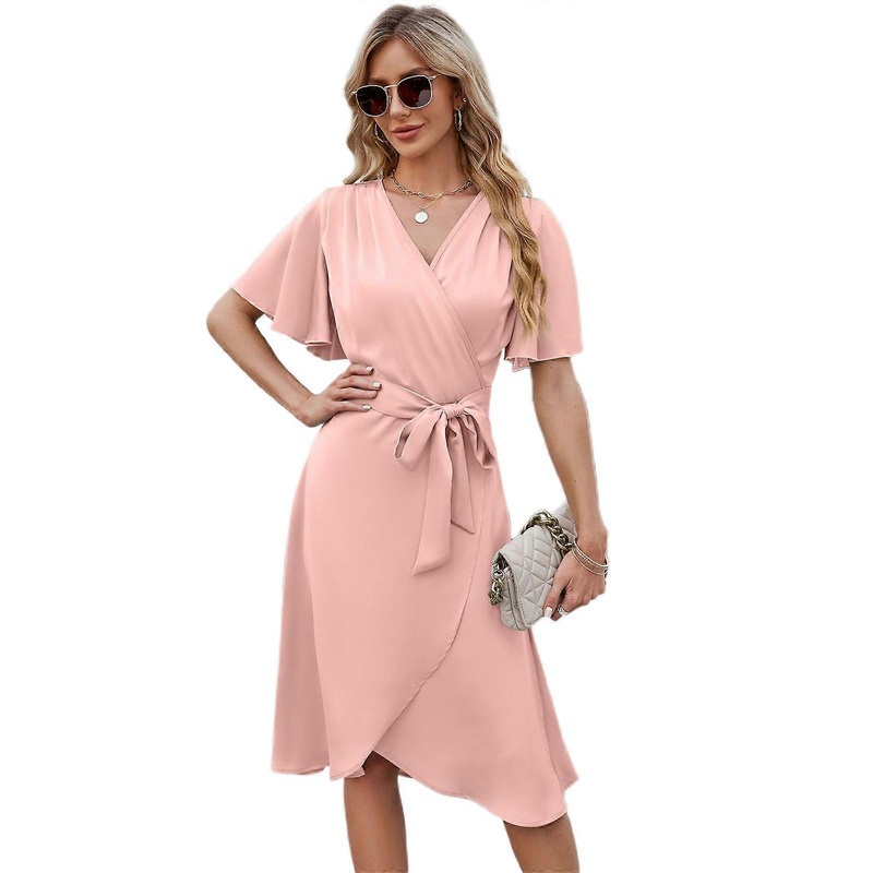 Women Summer Midi Dresses Deep V Neck Bell Short Sleeve Beach Party Cocktail Flowy Split Dress with Belt  Pink XL | Fruugo SG