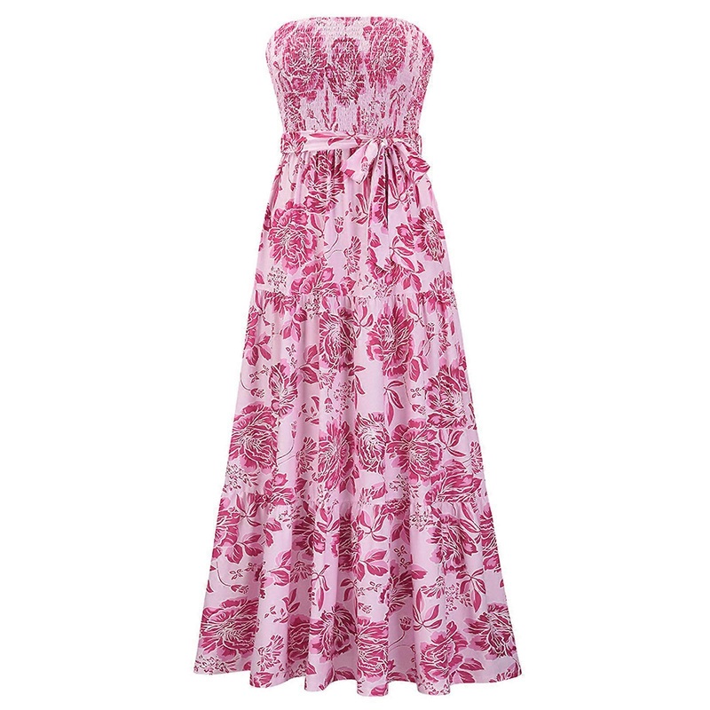 Women Summer Sexy Strapless Off Shoulder Maxi Long Swing Dress Boho Floral Print Shirred Smocked Belted A-Line Sundress  Red S | Fruugo SG